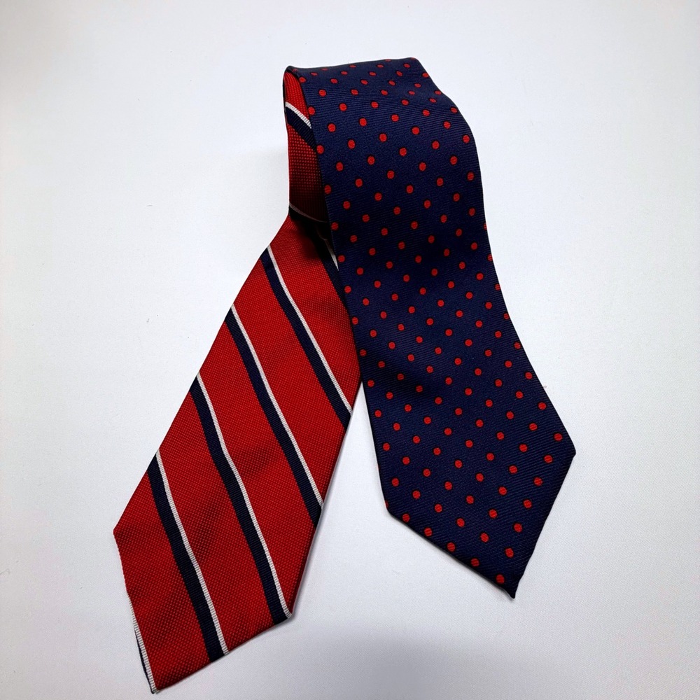 Ralph‎ Lauren Polo Silk Necktie Lot of 2 Red Navy Striped & Polka Dot